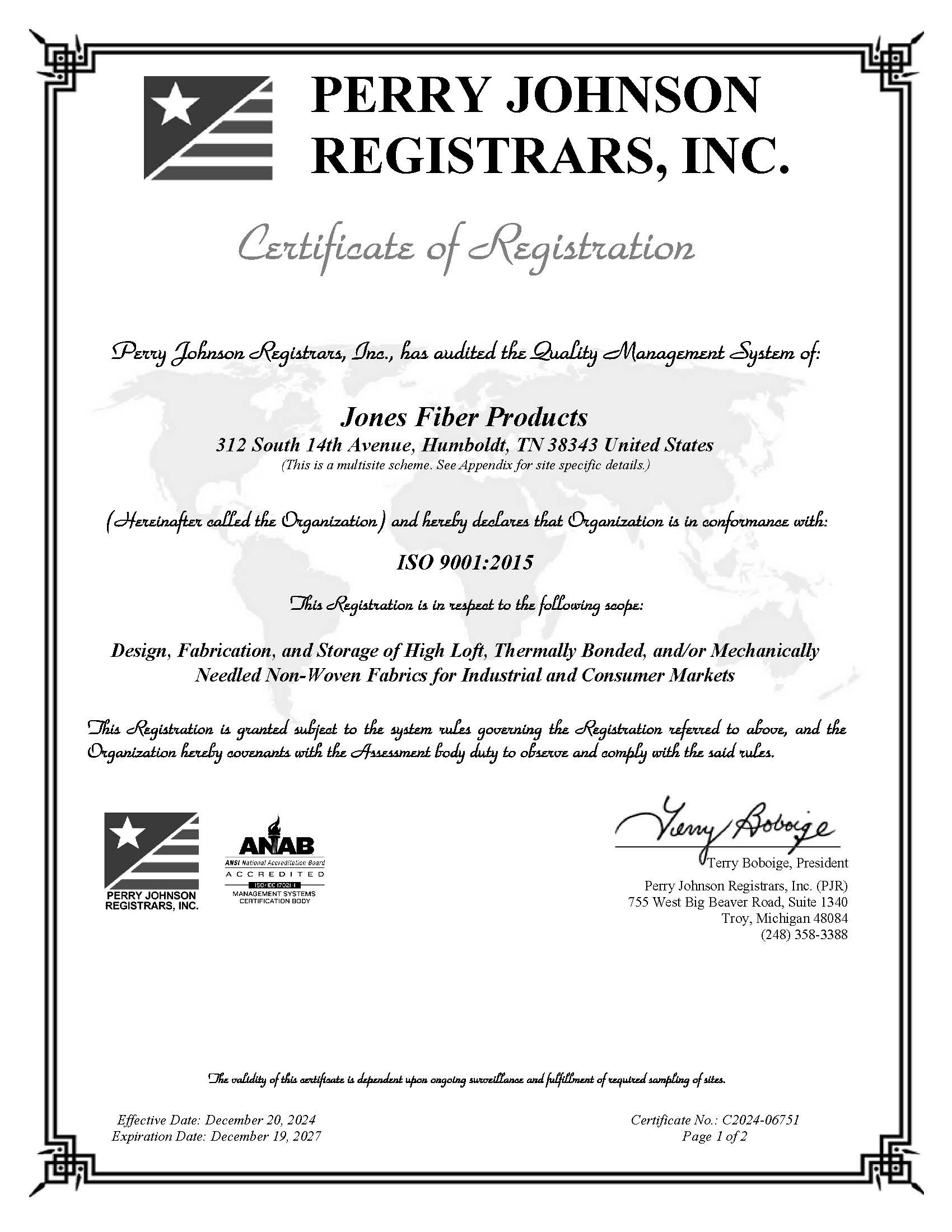 Jones Fiber Products ISO certificate 2027